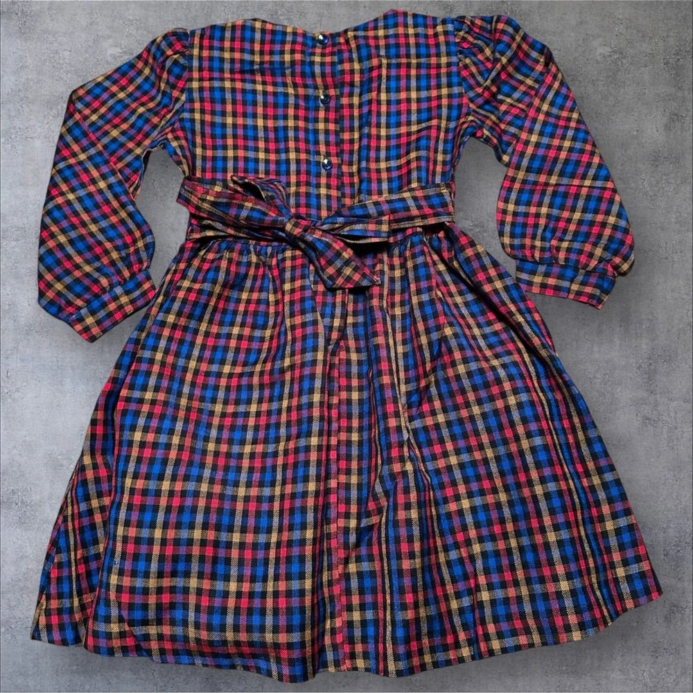 Vintage ady Girls‎ Plaid Dress Cherry Embroidery Long Sleeve Prairie Size 4 5